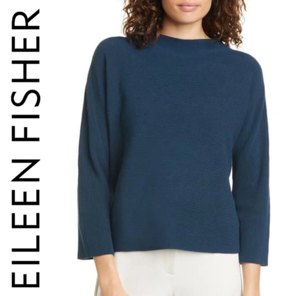 Eileen Fisher Funnel Neck Silk & Organic Cotton Pullover Sweater In Teal XXS - Picture 2 of 13